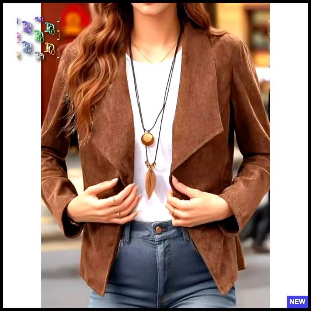Faux Suede Blazer Cropped Jacket Lapel Collar Long Sleeve Vintage Elegant